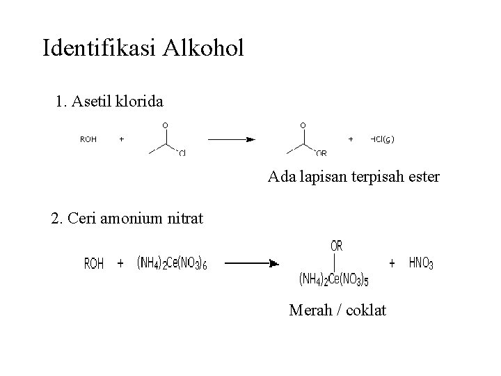 Identifikasi Alkohol 1. Asetil klorida Ada lapisan terpisah ester 2. Ceri amonium nitrat Merah