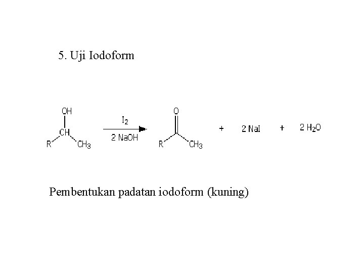 5. Uji Iodoform Pembentukan padatan iodoform (kuning) 