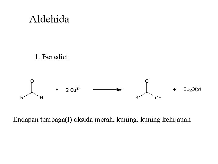 Aldehida 1. Benedict Endapan tembaga(I) oksida merah, kuning kehijauan 