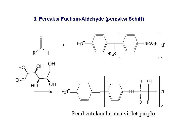 3. Pereaksi Fuchsin-Aldehyde (pereaksi Schiff) Pembentukan larutan violet-purple 