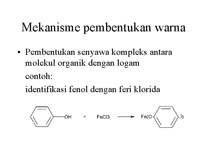 Mekanisme pembentukan warna • Pembentukan senyawa kompleks antara molekul organik dengan logam contoh: identifikasi