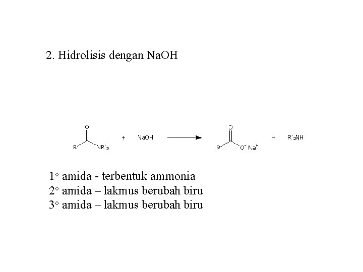 2. Hidrolisis dengan Na. OH 1 o amida - terbentuk ammonia 2 o amida