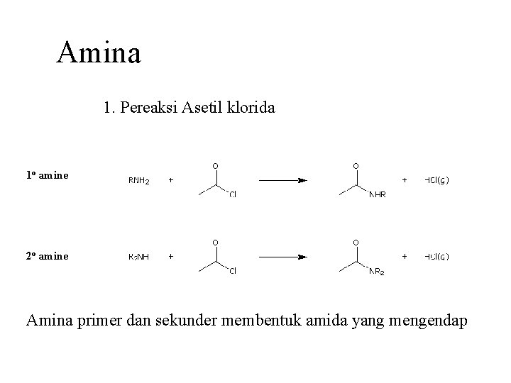 Amina 1. Pereaksi Asetil klorida 1 o amine 2 o amine Amina primer dan