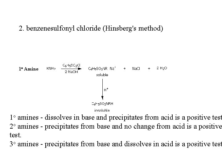 2. benzenesulfonyl chloride (Hinsberg's method) 1 o Amine 1 o amines - dissolves in