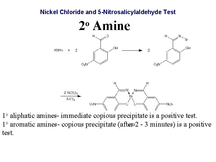 Nickel Chloride and 5 -Nitrosalicylaldehyde Test o 2 Amine 1 o aliphatic amines- immediate