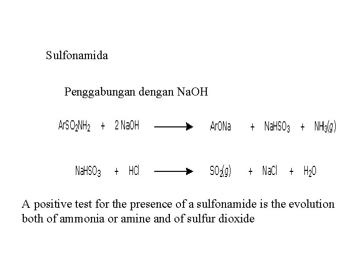 Sulfonamida Penggabungan dengan Na. OH A positive test for the presence of a sulfonamide