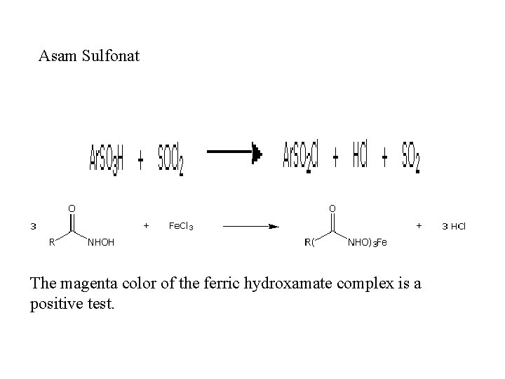 Asam Sulfonat The magenta color of the ferric hydroxamate complex is a positive test.