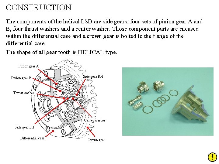 CONSTRUCTION The components of the helical LSD are side gears, four sets of pinion