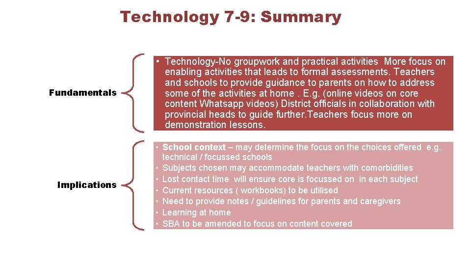 Technology 7 -9: Summary Fundamentals Implications • Technology-No groupwork and practical activities More focus