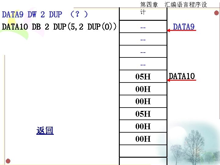 DATA 9 DW 2 DUP （？） DATA 10 DB 2 DUP(5, 2 DUP(0)) 返回