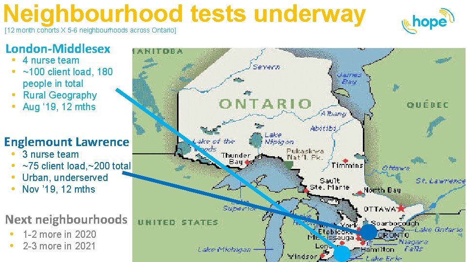 Neighbourhood tests underway [12 month cohorts X 5 -6 neighbourhoods across Ontario] London-Middlesex •