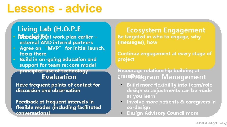 Lessons - advice • Living Lab (H. O. P. E Develop joint work plan