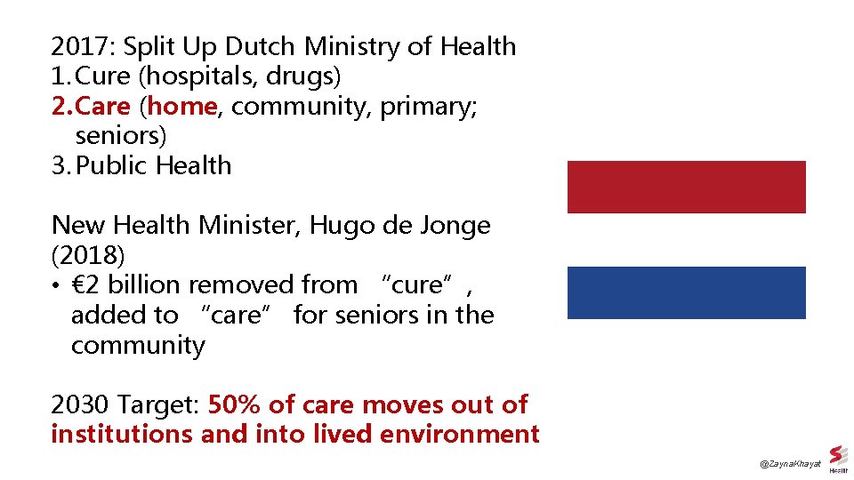 2017: Split Up Dutch Ministry of Health 1. Cure (hospitals, drugs) 2. Care (home,
