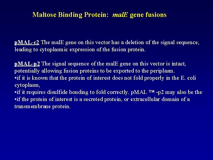 Maltose Binding Protein: mal. E gene fusions p. MAL-c 2 The mal. E gene