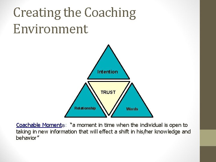 Creating the Coaching Environment Intention TRUST Relationship Words Coachable Moment®: “a moment in time