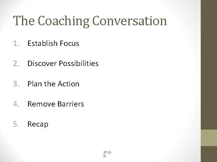 The Coaching Conversation 1. Establish Focus 2. Discover Possibilities 3. Plan the Action 4.