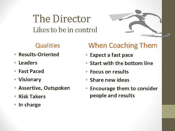 The Director Likes to be in control When Coaching Them Qualities • • Results-Oriented