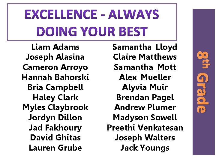 Samantha Lloyd Claire Matthews Samantha Mott Alex Mueller Alyvia Muir Brendan Pagel Andrew Plumer Samantha Lloyd Claire Matthews Samantha Mott Alex Mueller Alyvia Muir Brendan Pagel Andrew Plumer
