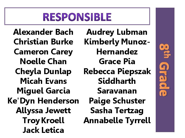 Audrey Lubman Kimberly Munoz. Hernandez Grace Pia Rebecca Piepszak Siddharth Saravanan Paige Schuster Sasha Audrey Lubman Kimberly Munoz. Hernandez Grace Pia Rebecca Piepszak Siddharth Saravanan Paige Schuster Sasha