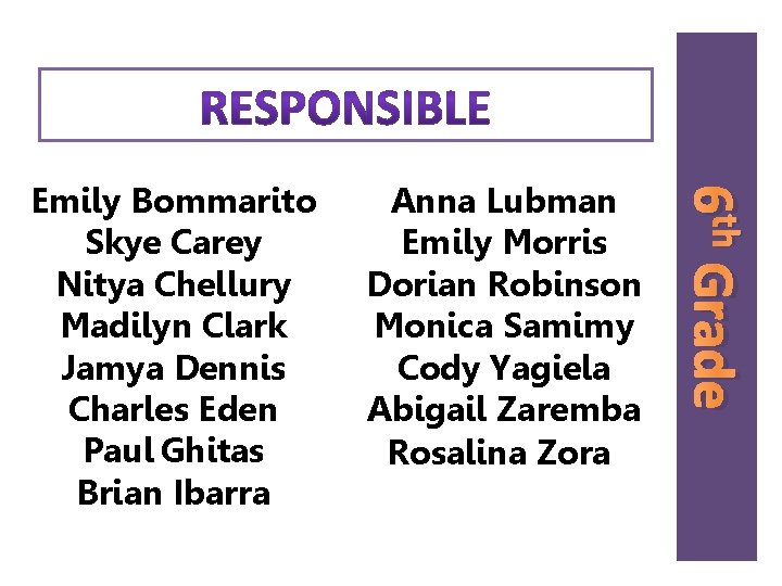 Anna Lubman Emily Morris Dorian Robinson Monica Samimy Cody Yagiela Abigail Zaremba Rosalina Zora Anna Lubman Emily Morris Dorian Robinson Monica Samimy Cody Yagiela Abigail Zaremba Rosalina Zora