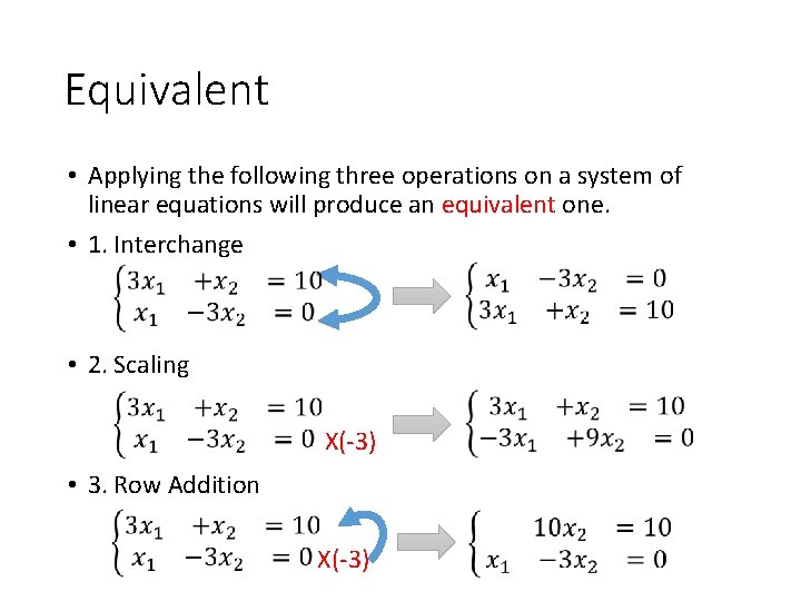 Equivalent • Applying the following three operations on a system of linear equations will