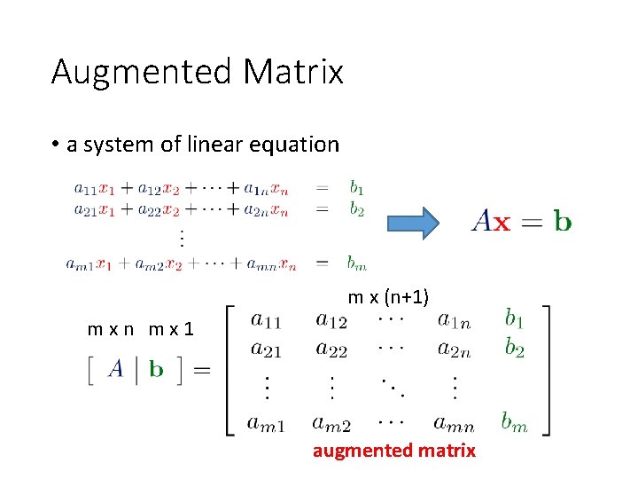 Augmented Matrix • a system of linear equation m x (n+1) m x n