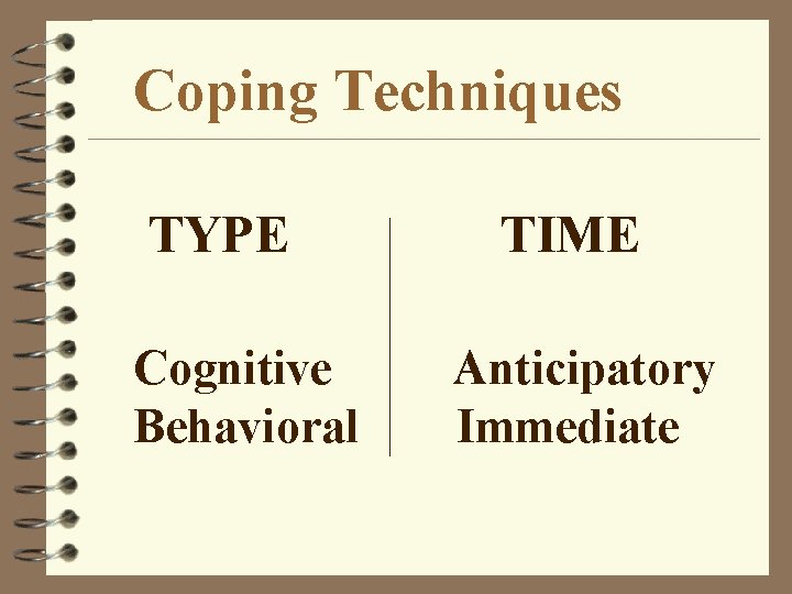 Coping Techniques TYPE Cognitive Behavioral TIME Anticipatory Immediate 