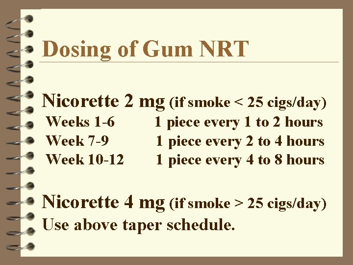 Dosing of Gum NRT Nicorette 2 mg (if smoke < 25 cigs/day) Weeks 1