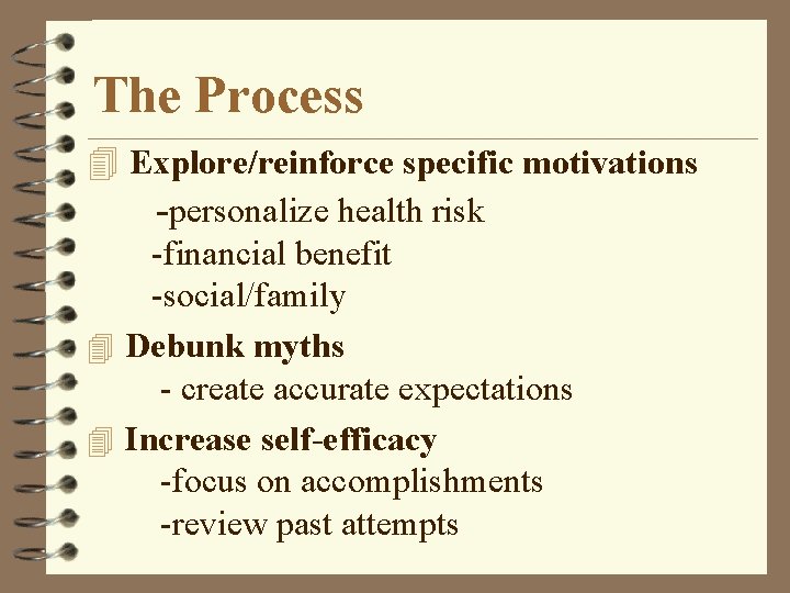The Process 4 Explore/reinforce specific motivations -personalize health risk -financial benefit -social/family 4 Debunk