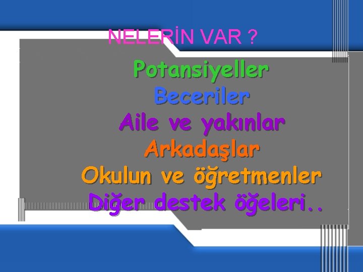 NELERİN VAR ? Potansiyeller Beceriler Aile ve yakınlar Arkadaşlar Okulun ve öğretmenler Diğer destek