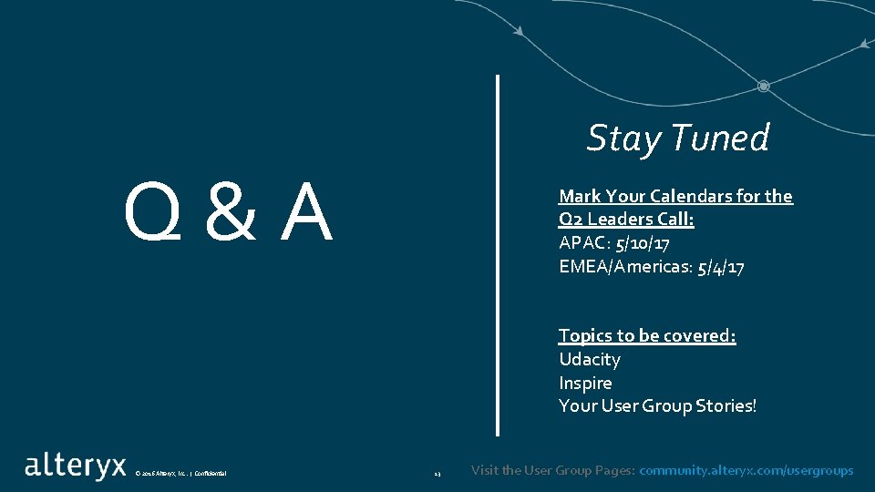 Stay Tuned Q&A Mark Your Calendars for the Q 2 Leaders Call: APAC: 5/10/17 Stay Tuned Q&A Mark Your Calendars for the Q 2 Leaders Call: APAC: 5/10/17