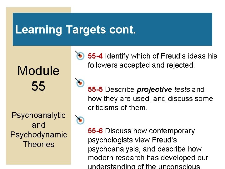 Learning Targets cont. Module 55 Psychoanalytic and Psychodynamic Theories 55 -4 Identify which of