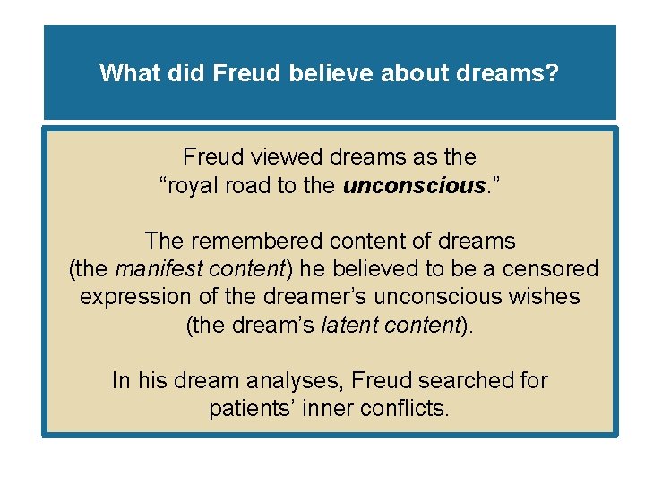 What did Freud believe about dreams? Freud viewed dreams as the “royal road to