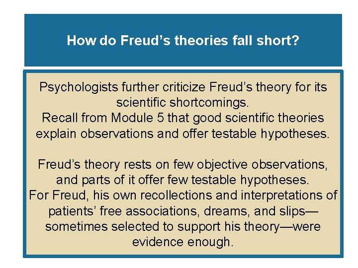 How do Freud’s theories fall short? Psychologists further criticize Freud’s theory for its scientific