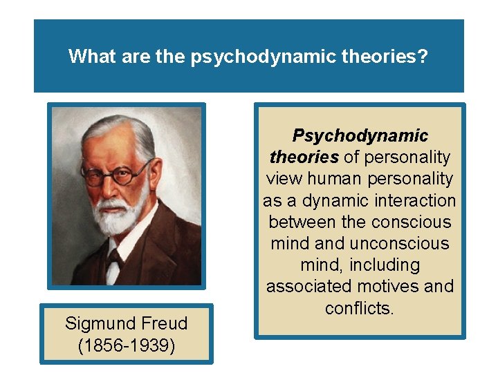 What are the psychodynamic theories? Sigmund Freud (1856 -1939) Psychodynamic theories of personality view