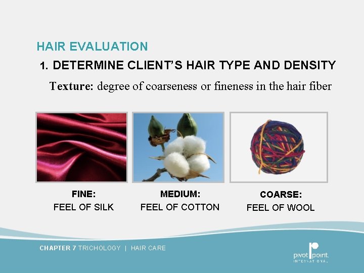 HAIR EVALUATION 1. DETERMINE CLIENT’S HAIR TYPE AND DENSITY Texture: degree of coarseness or