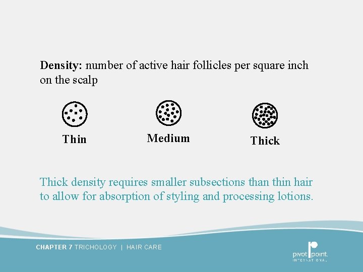 Density: number of active hair follicles per square inch on the scalp Thin Medium