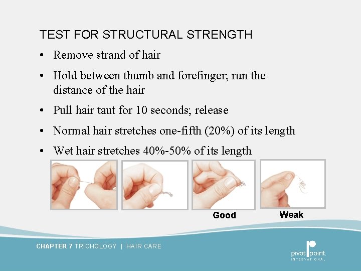 TEST FOR STRUCTURAL STRENGTH • Remove strand of hair • Hold between thumb and