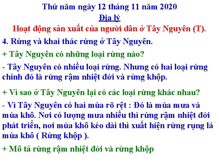 Thứ năm ngày 12 tháng 11 năm 2020 Địa lý Hoạt động sản xuất