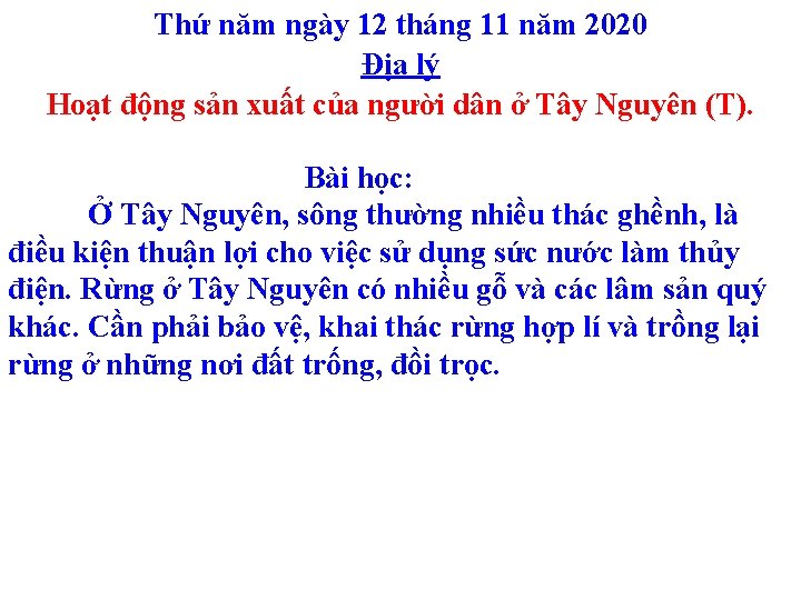 Thứ năm ngày 12 tháng 11 năm 2020 Địa lý Hoạt động sản xuất