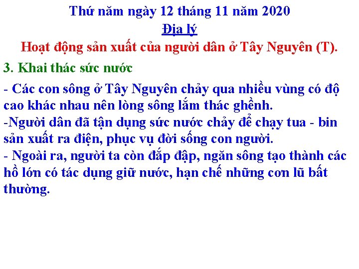 Thứ năm ngày 12 tháng 11 năm 2020 Địa lý Hoạt động sản xuất