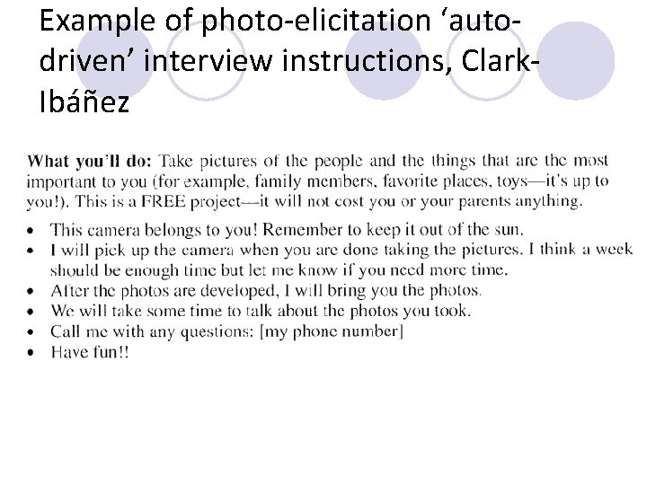 Example of photo-elicitation ‘autodriven’ interview instructions, Clark. Ibáñez 