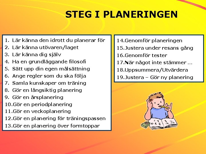 STEG I PLANERINGEN 1. Lär känna den idrott du planerar för 14. Genomför planeringen