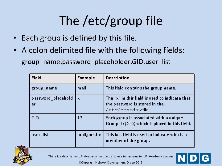 The /etc/group file • Each group is defined by this file. • A colon The /etc/group file • Each group is defined by this file. • A colon