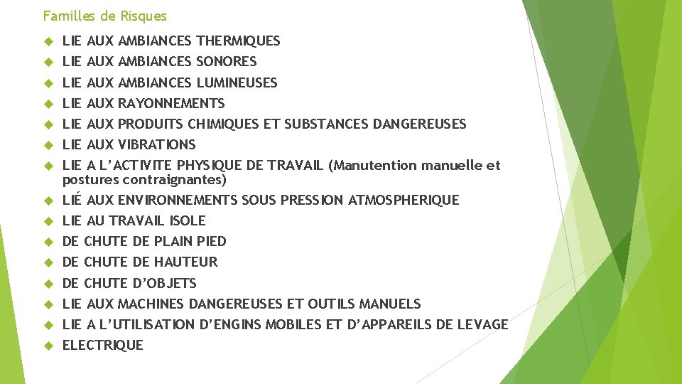 Familles de Risques LIE AUX AMBIANCES THERMIQUES LIE AUX AMBIANCES SONORES LIE AUX AMBIANCES