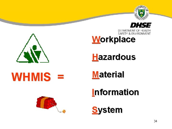 Workplace Hazardous WHMIS = Material Information System 34 