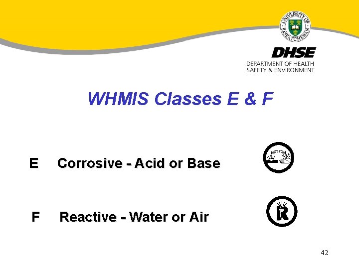 WHMIS Classes E & F E Corrosive - Acid or Base F Reactive -