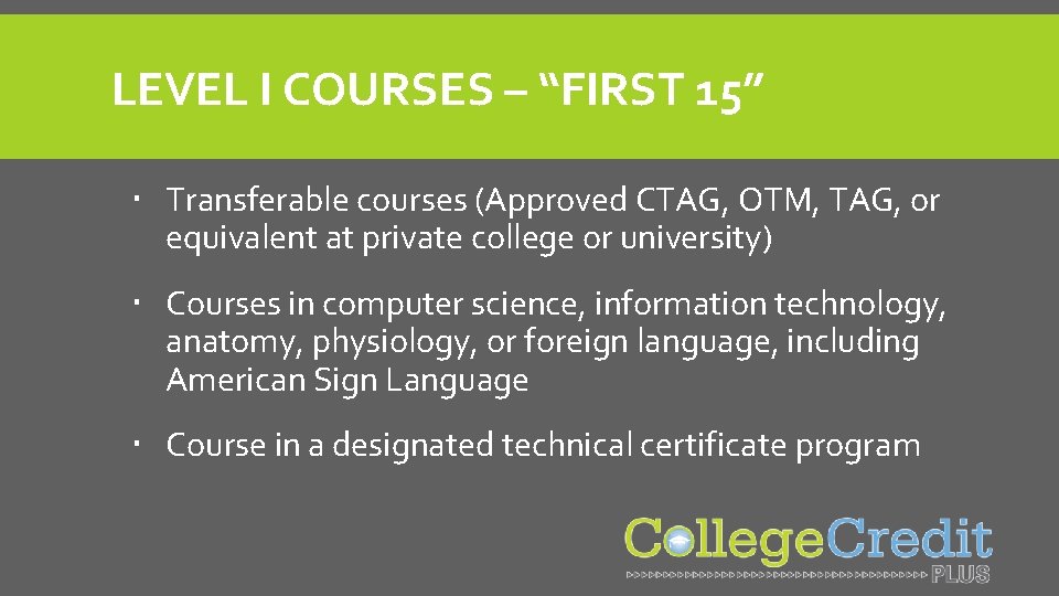 LEVEL I COURSES – “FIRST 15” Transferable courses (Approved CTAG, OTM, TAG, or equivalent