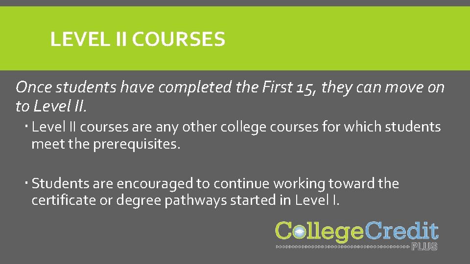 LEVEL II COURSES Once students have completed the First 15, they can move on
