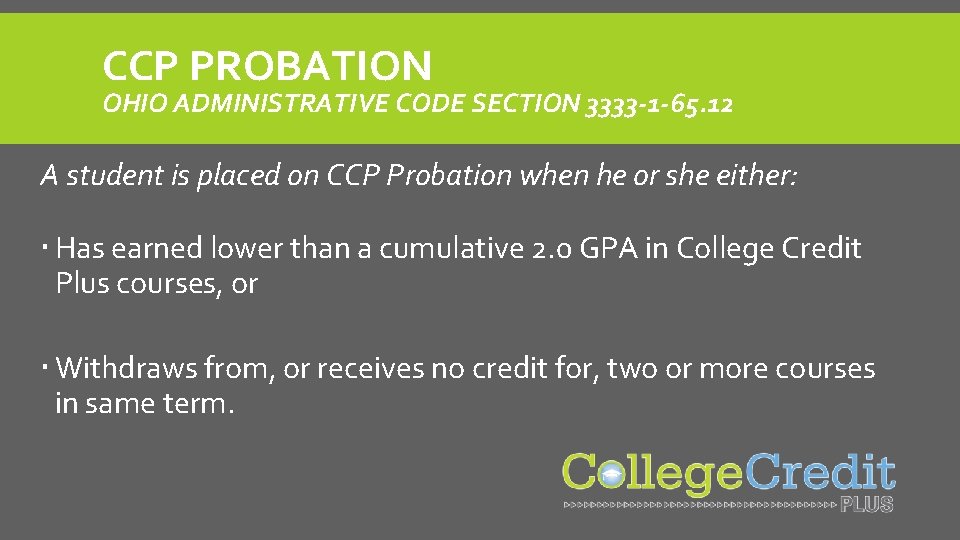 CCP PROBATION OHIO ADMINISTRATIVE CODE SECTION 3333 -1 -65. 12 A student is placed